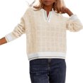 thumbnail image 3 of Long Sleeve Women Color Block Lapel V-neck Knit Sweater Pullovers, 3 of 6