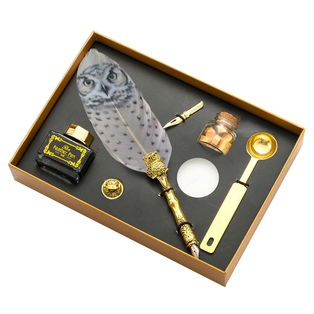 fankhu Stationery Fountain Pen Set Retro Calligraphy Owl Feather Quill Writing Dip Pen