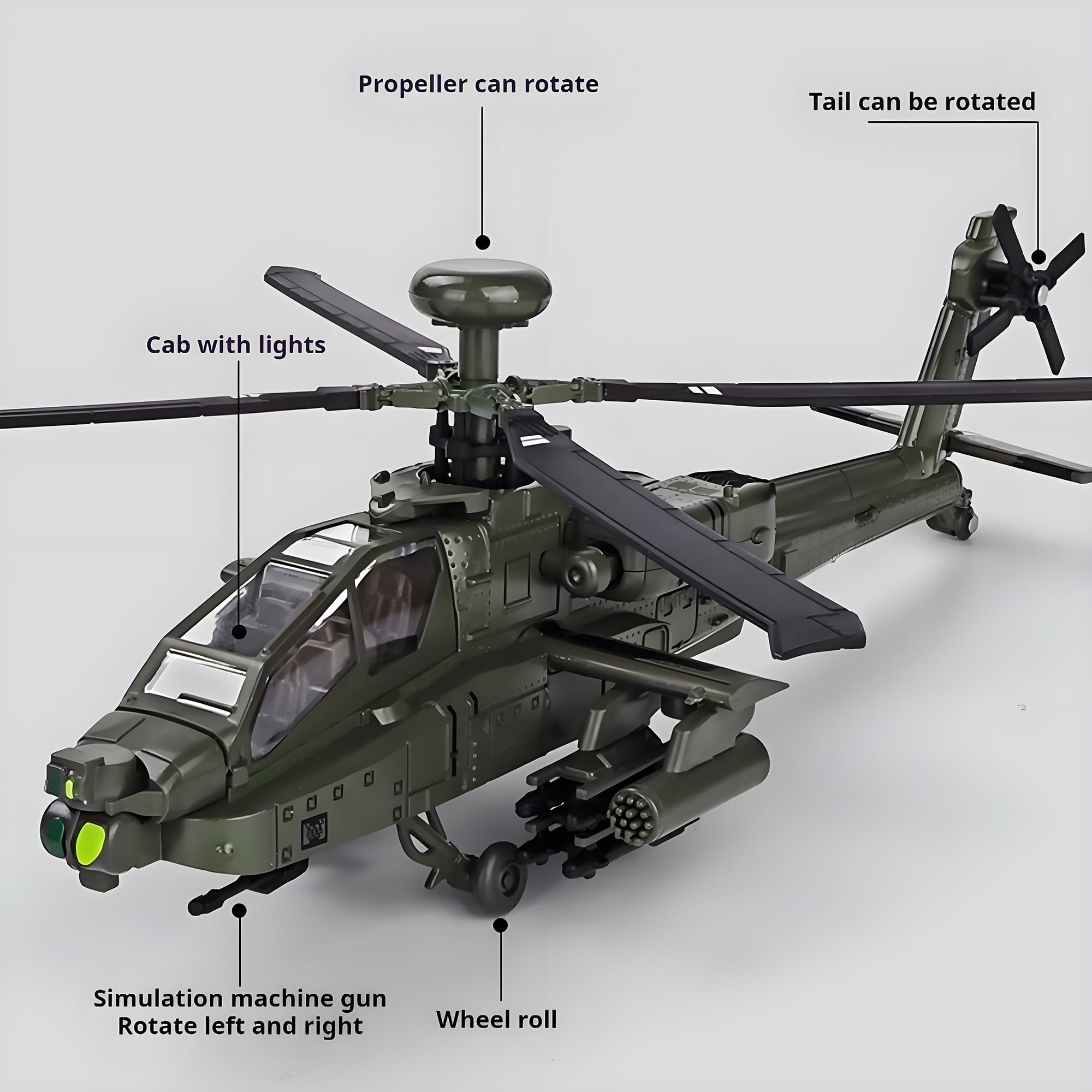 Anmyjuly 1:64 Scale Apache Die Cast Toy AH-64 Helicopter Gunships Military Model，Suitable for Collection and Gifts for Boys