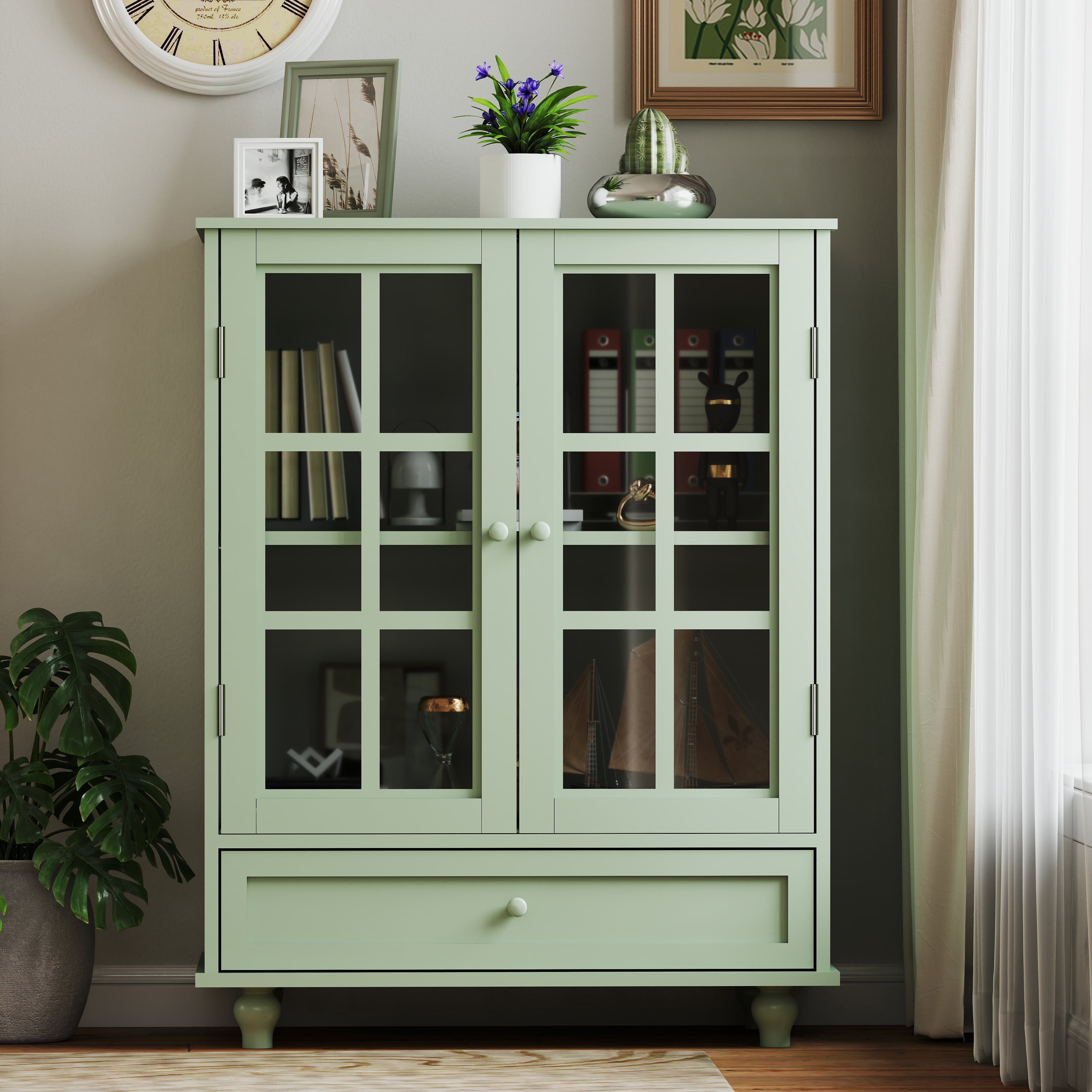 TrumanPick Sideboard Buffet Cabinet with Glass Doors & Drawer - 36" Kitchen Pantry Storage Cabinet for Dining Room, Living Room Coffee Bar, Green