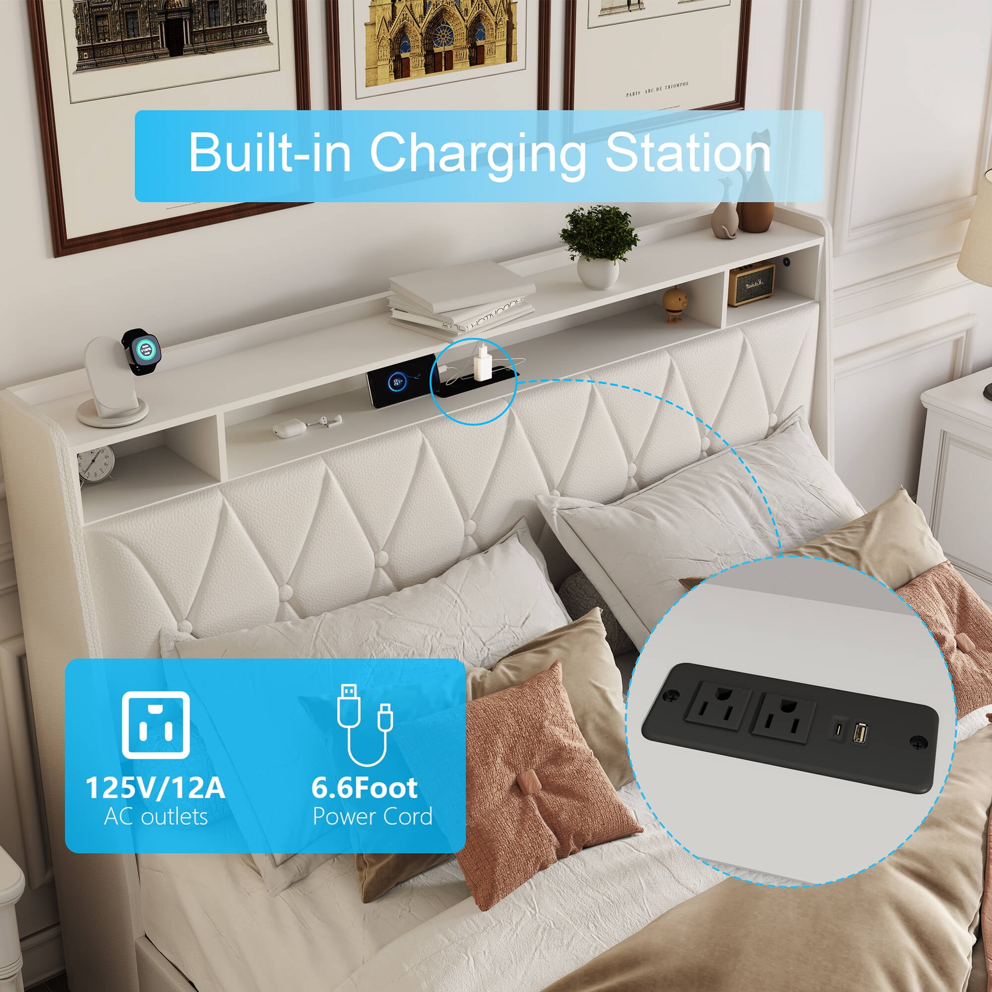 Nathaniel Home Full Platform Bed Frame Ergonomic Full Size Headboard Storage Shelf Outlets and Charger