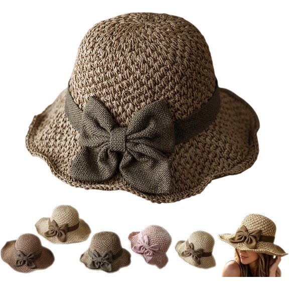 Straw Hat with Retro Bow, Straw Hats for Women, Breathable Foldable Woven Sun Hat, Wide Brim Floppy Beach