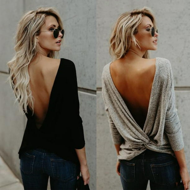 Fashion Women Long Sleeve Twisted Open Back Loose Tops Casual Shirt Blouse  Open Back Twisted Tops Blouse 