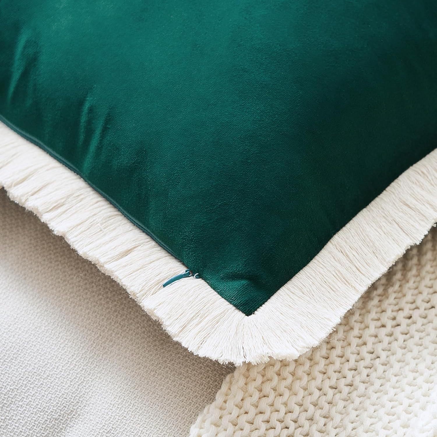 Yumcute Pillow Covers 16x16 Set of 2 Beige Throw Pillow Covers with Fringe Chic Cotton Decorative Pillows Square Cushion Covers for Sofa Couch Bed Boho Decor
