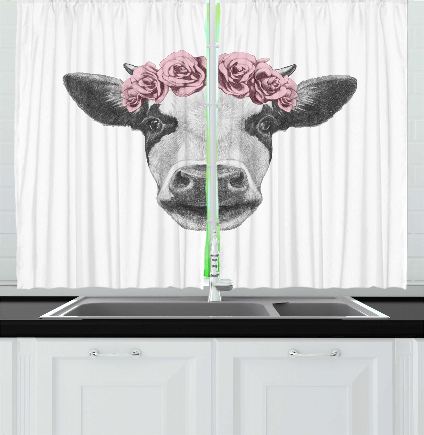Farm Animal Curtains 2 Panels Set, Sketchy Portrait of Sweet Cow with