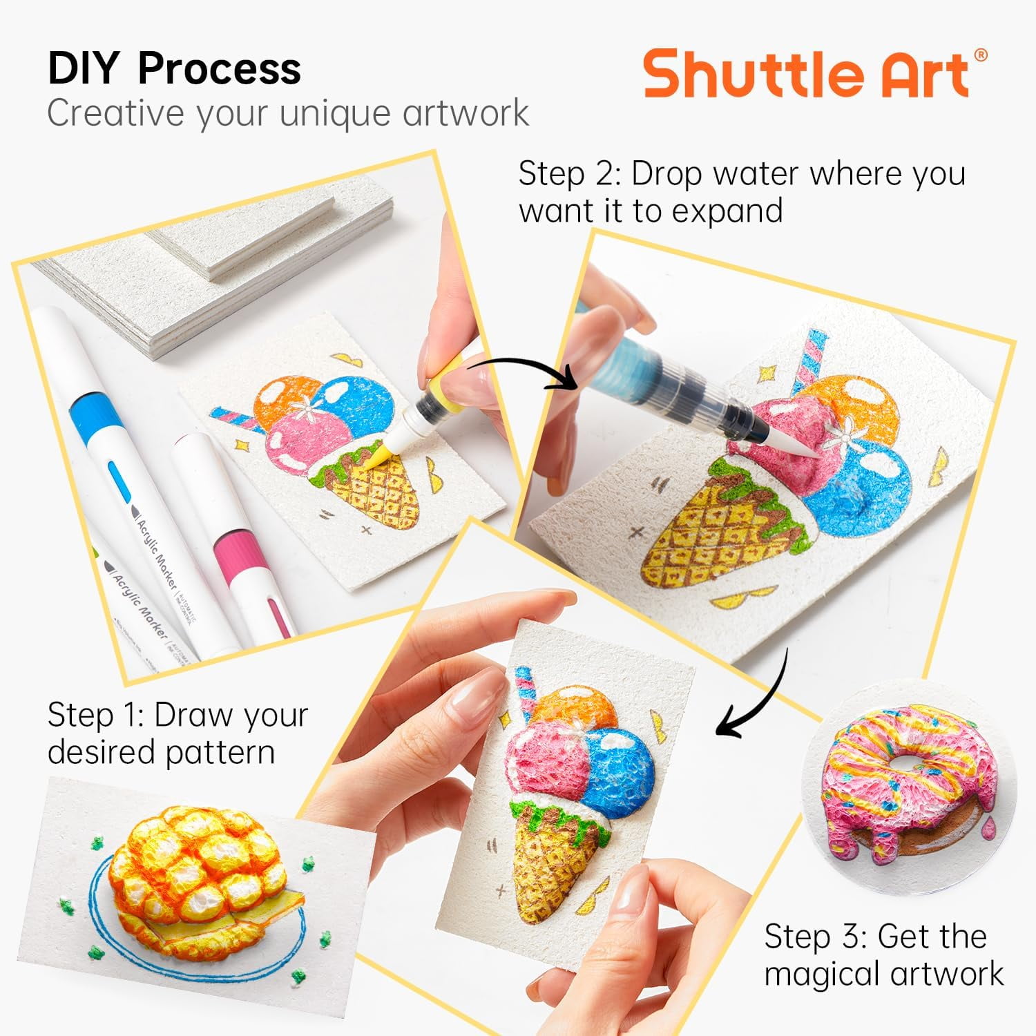 Shuttle Art 44 Pcs Magic Form Texture Painting Kit, Including 28 Pcs Foam Texture Paper, 12 Colors Brush Tip Acrylic Paint Markers, Magical 3D Effect Texture Painting Kit