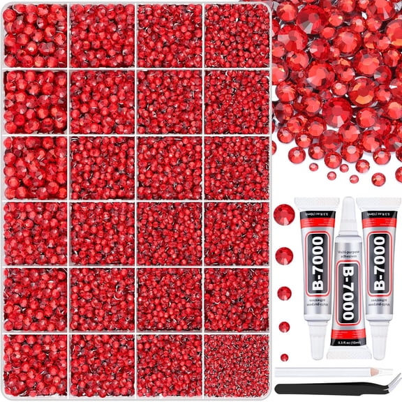 30000Pcs Red Rhinestones for Bedazzling with B7000 Jewelry Glue, Bedazzler Kit Bulk Flatback Gems, Resin Rhinestones for Crafting Crafts Clothing Shoes Fabric Nail Art Assorted Size 2/3/4/5/6mm