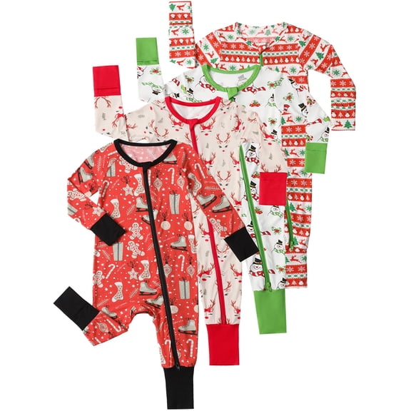 ATAIKU Christmas Baby Boys Girls Bamboo Viscose Footies, Infant Convertible Pajamas, 2-Way Zipper Sleeper for Baby 3-24M