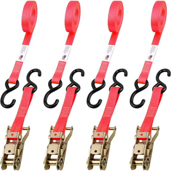 Heavy Duty Ratchet Strap – (4PK) Premium Tie Down Straps for Moving & Securing Cargo – Coated Deep S-Hook & Extra Safety with Lockable Release - Made in USA (Red, 8 FT)