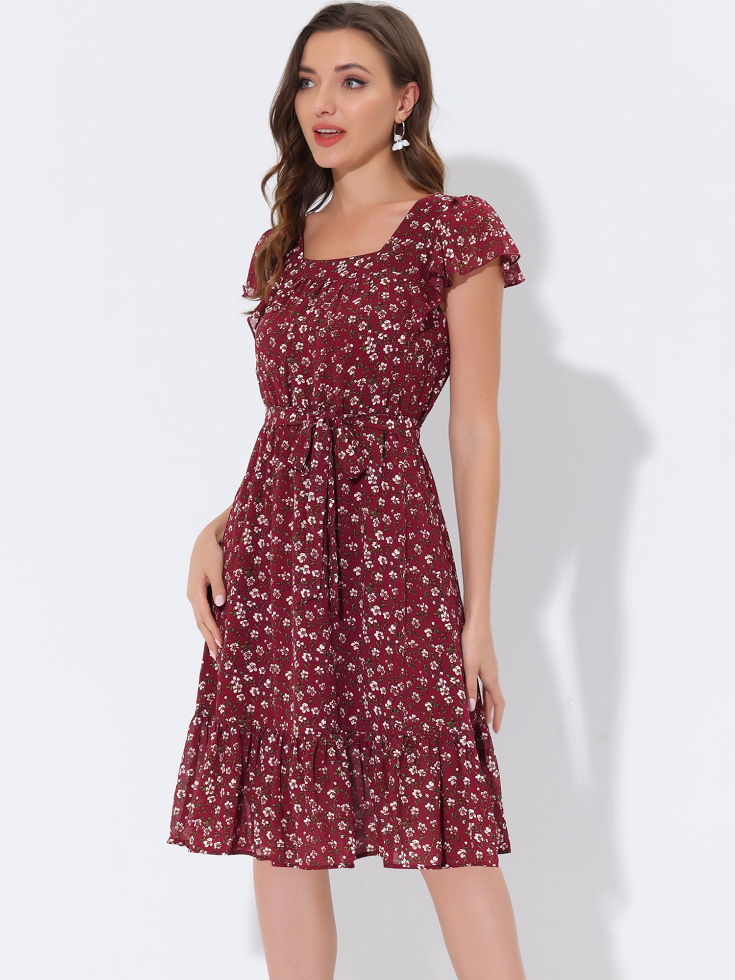 DARING DIVA Square Neck Flutter Sleeve A-Line Midi Dress S Burgundy