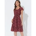 thumbnail image 3 of Vestido Dobladillo Con Volantes Aleteo Mangas Cuello Cuadrado Con Cinturón Para Mujeres Allegra K Vino Rojo M, 3 of 5