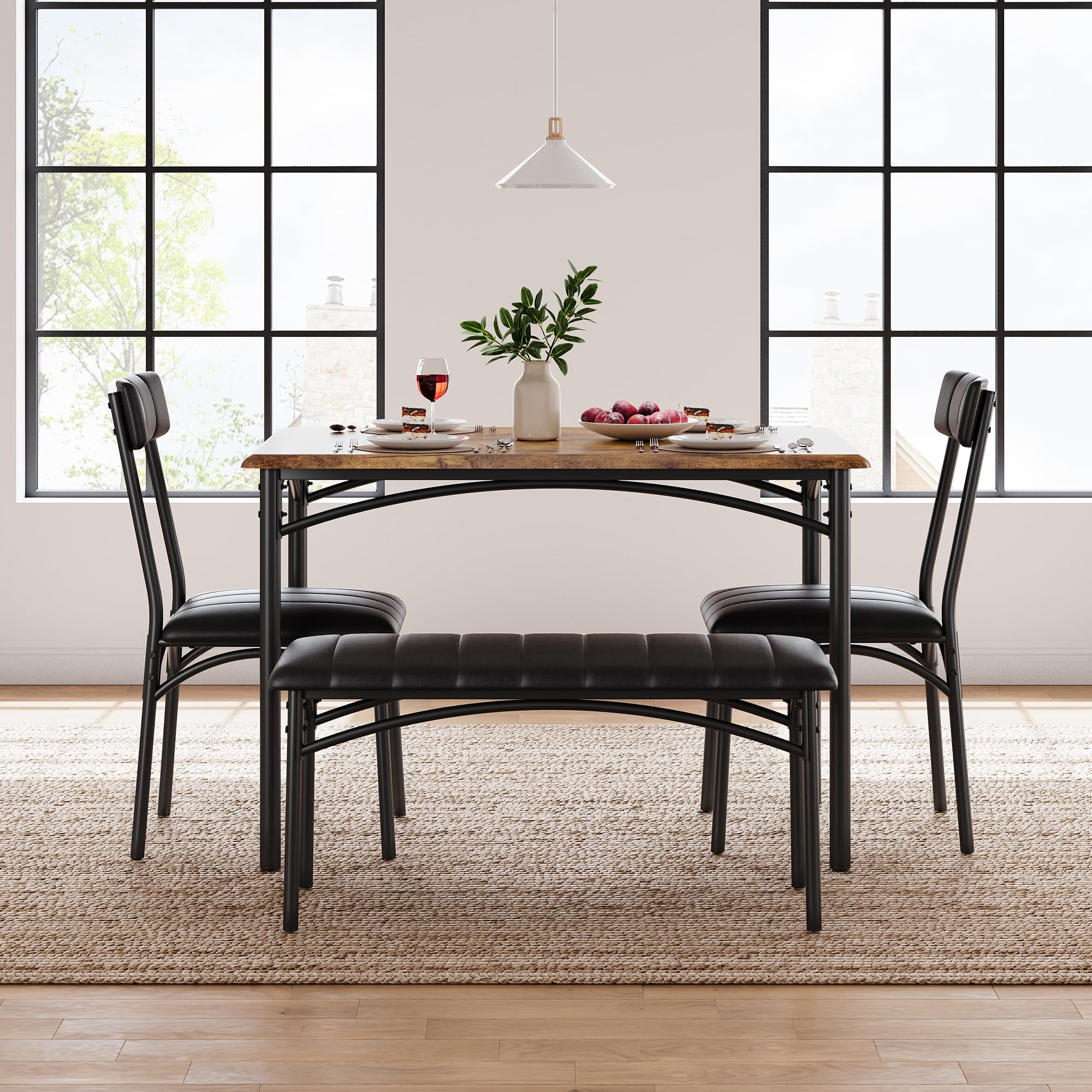TROPOW Dining Table Set for 4, Kitchen Table with Upholstered Bench and 2 Chairs, Kitchen Table and Chairs Set, for Small Space, Apartment, Home, Kitchen, Retro