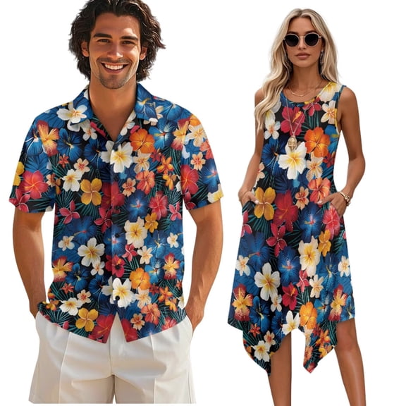 Psesaysky Colorful Hibiscus Plumeria Men’s Button Down Shirts Short Sleeve Aloha Shirts,Womens Sleeveless Flared Tank Dress with Pockets Couple Matching Hawaiian Outfit