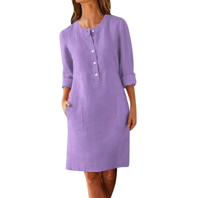 Oksale Robe en Lin et Coton pour Femmes Grande Taille à Manches Longues Robes Décontractées Col Ras du Cou Boutonnée Longueur Genou Robe Ample Confortable Vêtements Mode 2026 Violet 2TG