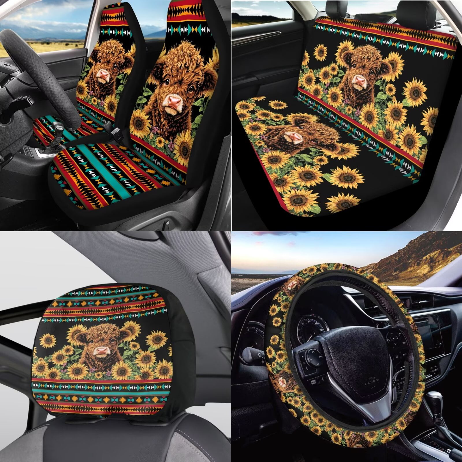 Garronmavis Aztec Highland Cow Sunflower Car Seat Covers Full Set Steering Wheel Wrap Gear Shift Cover Handbrake Sleeve Headrest Protectors Cup Coaster Set of 11 Decor Interior Protector