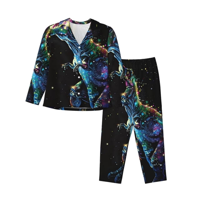 Fotbe colorful flames dinosaur Conjunto de Pijama de Manga Larga para Mujer con Estampado, Ropa de Dormir de 2 Piezas, Conjunto de Casa Suave y Cómodo con Bolsillos-Large