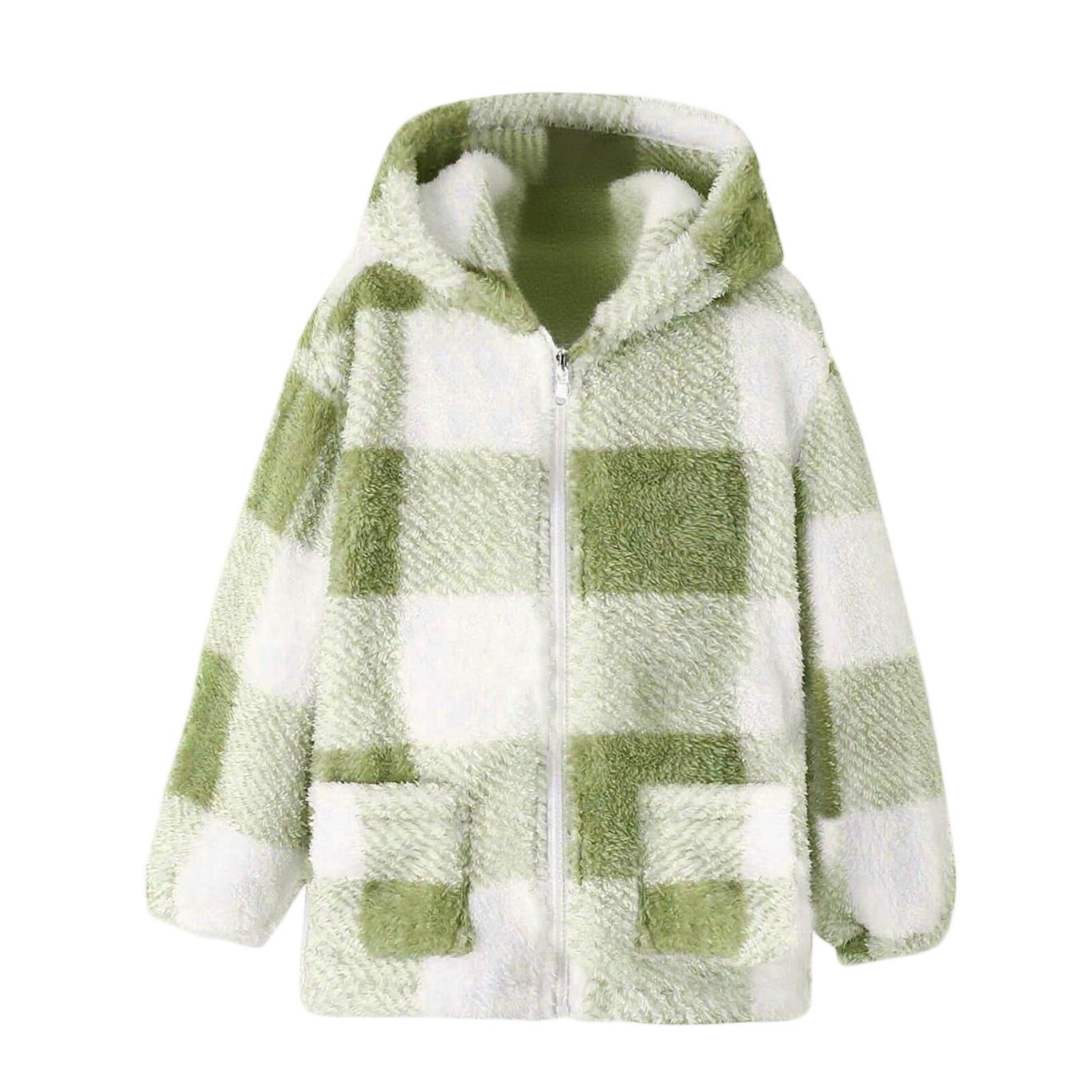 Xdegoge Girls Fleece Sherpa Jacket Plaid Fuzzy Zip Up Long Sleeve Hoodie Teen Thermal Loose Cozy Hooded Coats Tween 2025 Winter Thick Warm Outerwear With Pockets Age 8-14 Years