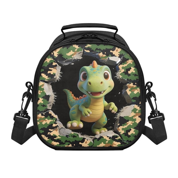 Pzuqiu Camo Dinosaur Print Detachable Shoulder Belt Kids Lunch Bag for Hiking School, Insulated Kids Insulated Lunch Bag