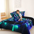 thumbnail image 4 of Castle Fairy Neon Race Car Trio Queen Comforter Set 3pcs for Teens, Checkered Flag Print Bedding Comforter Set for Bedroom, Blue Teal,Black Reversible, 4 of 6