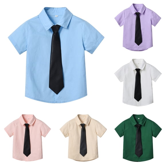 Kids Boys Girls Short Sleeve Dress Shirt with Tie, Solid Color Button Up Top,Formal Wear School Uniform Candy Color Shirt Summer Tee for Boys Girls 2-16 Years