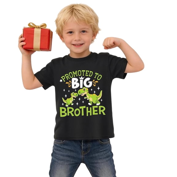 Toddler Boys Promoted to Big Brother Dinosaur Graphic Short Sleeve T-Shirt, Kids Summer Crew Neck Tee, Sibling Pregnancy Announcement Gift Shirt for Party Holiday