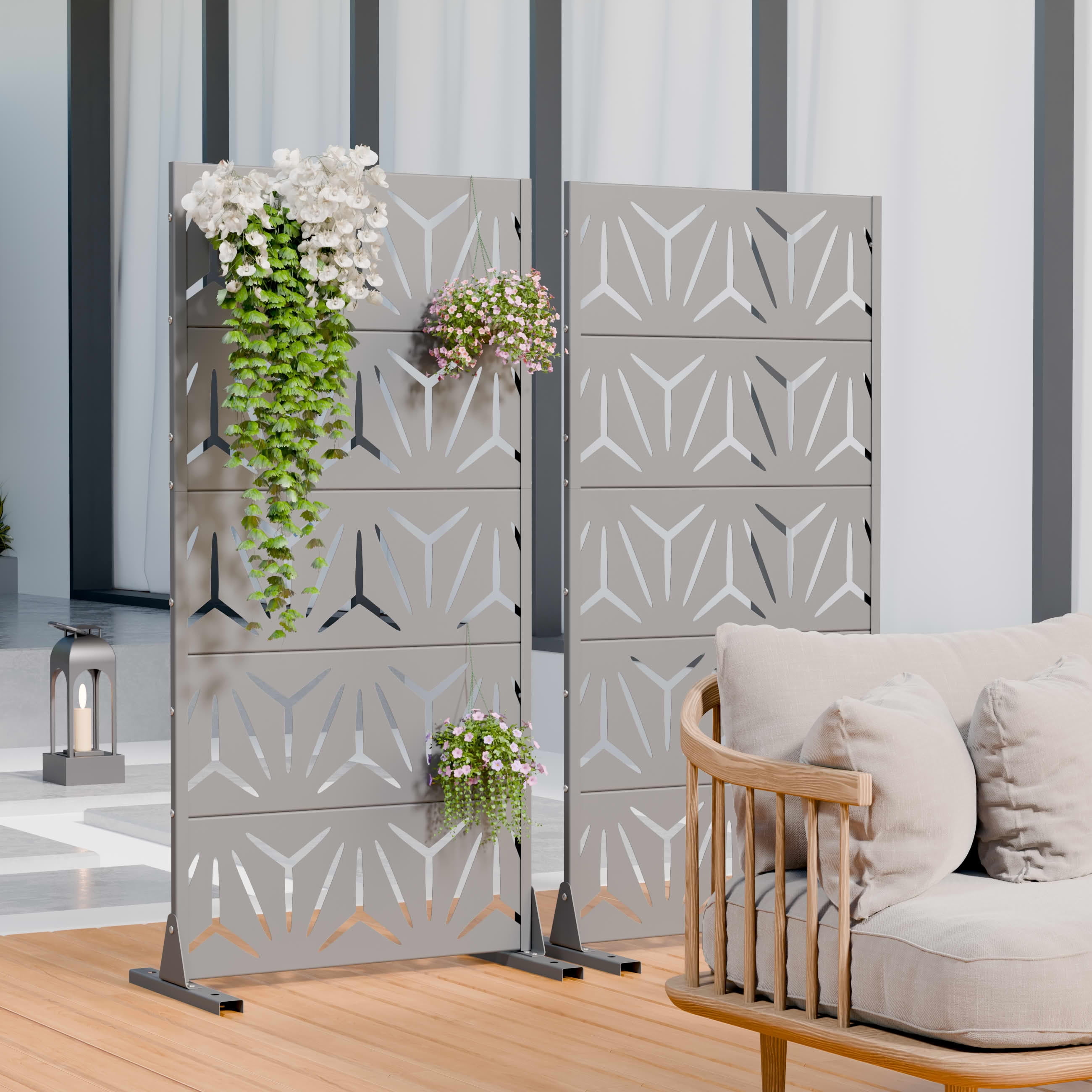 MAYEERTY 2-Piece Outdoor Metal Privacy Screen 5ft Gray, 5-Panel Geometric Y-Pattern Decorative Screen for Garden