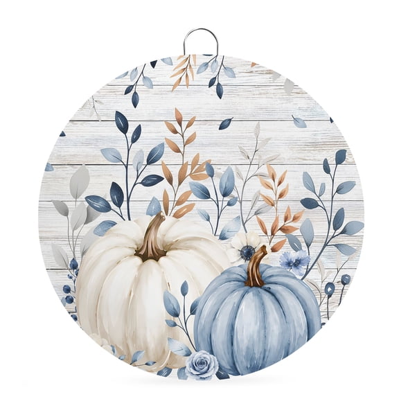 Welcome Sign Front Door Decorations, Thanksgiving Round Wall Art Outdoor Metal Wreaths, Fall Pumpkin Leaves Flowers Wood Grain Seasonal Hanging Sign for Home Porch Decor Warming Gift 6 In