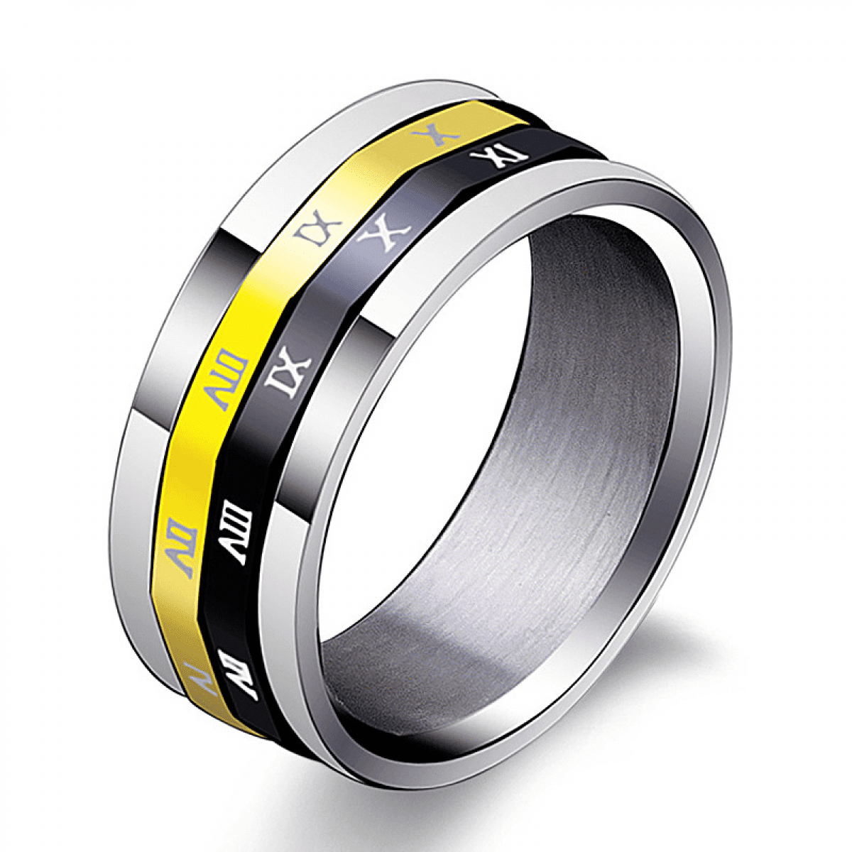 Gai Black & Gold Roman Numeral Dual Spinner Ring 316L Stainless Steel ...