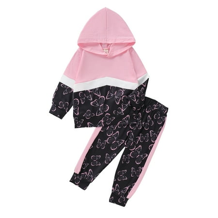 

KIMI BEAR Newborn Girls Outfits 9 Months Newborn Girls Autumn Outfits 12 Months Newborn Girls Sweet Butterfly Print Hooded Long Sleeve Color Stitching Hoodie + Printed Pants 2PCs Set Pink