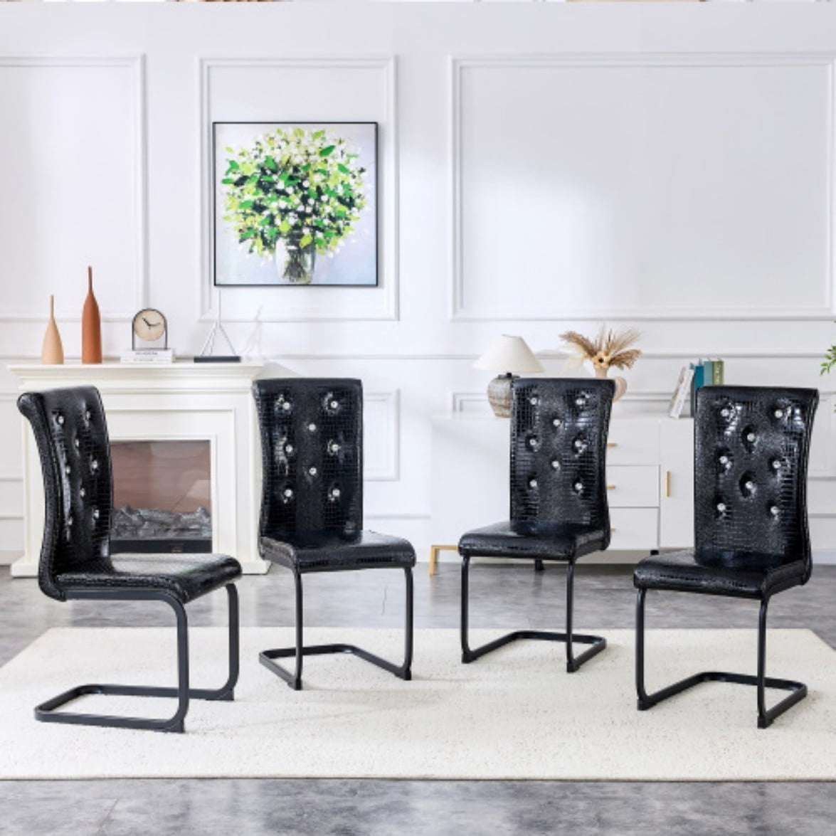 Set of 4 Retro Dining Chairs, Faux Alligator Leather Upholstered Chairs with Crystal Button Details & Metal Bow Legs, 400 LBS, Black & Black