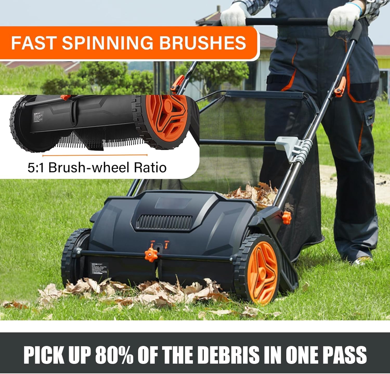 Push Lawn Sweeper, 21-inch Leaf & Grass Collector, Strong Rubber Wheels & Heavy Duty Thickened Steel Durable to Use with Large Capacity 3.5 cu. ft. Mesh Collection Hopper Bag, 2 Spinning Brushes