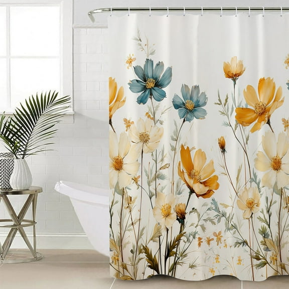 Floral Watercolor, Bathroom Curtain 78 Inch Shower Curtain with Hooks, Retro Flower Botanical Leaves Herb Waterproof Polyester Bath Curtain Washable Bathtub Curtain 36''x 78''