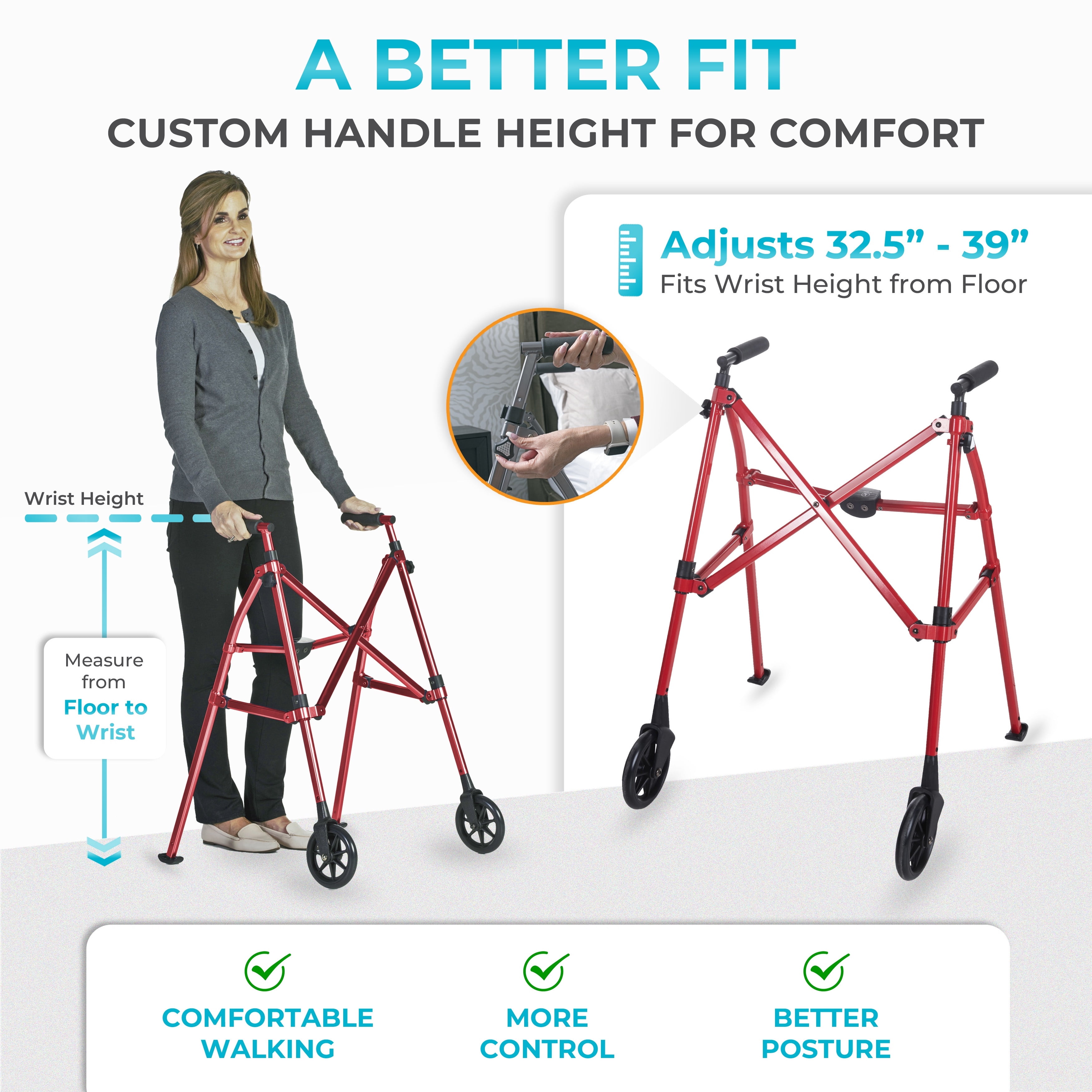 Stander Space Saver Walker, Lightweight Folding Walker for Seniors, Adult Walker with Wheels, Two Wheeled Rolling Walker with Rear Ski Glides, Sport Red