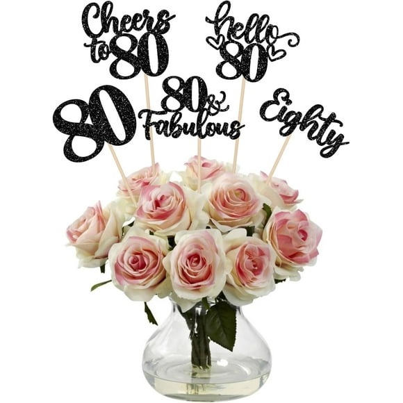 ZHUOWEISM 15 PCS Happy 80th Birthday Centerpiece Sticks Hello 80 Cheers to 80 Birthday Table Flower Centerpieces Sticks 80 Fabulous Floral Decors for 80th Birthday Party Centerpieces Supplies Black