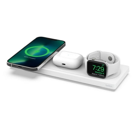 Belkin MagSafe 3-in-1 Wireless Charging Pad - Fast Wireless Charging for Apple Watch, iPhone 15, 14, 13 & 12 Series, & AirPods - Charging Station for Multiple Devices - White