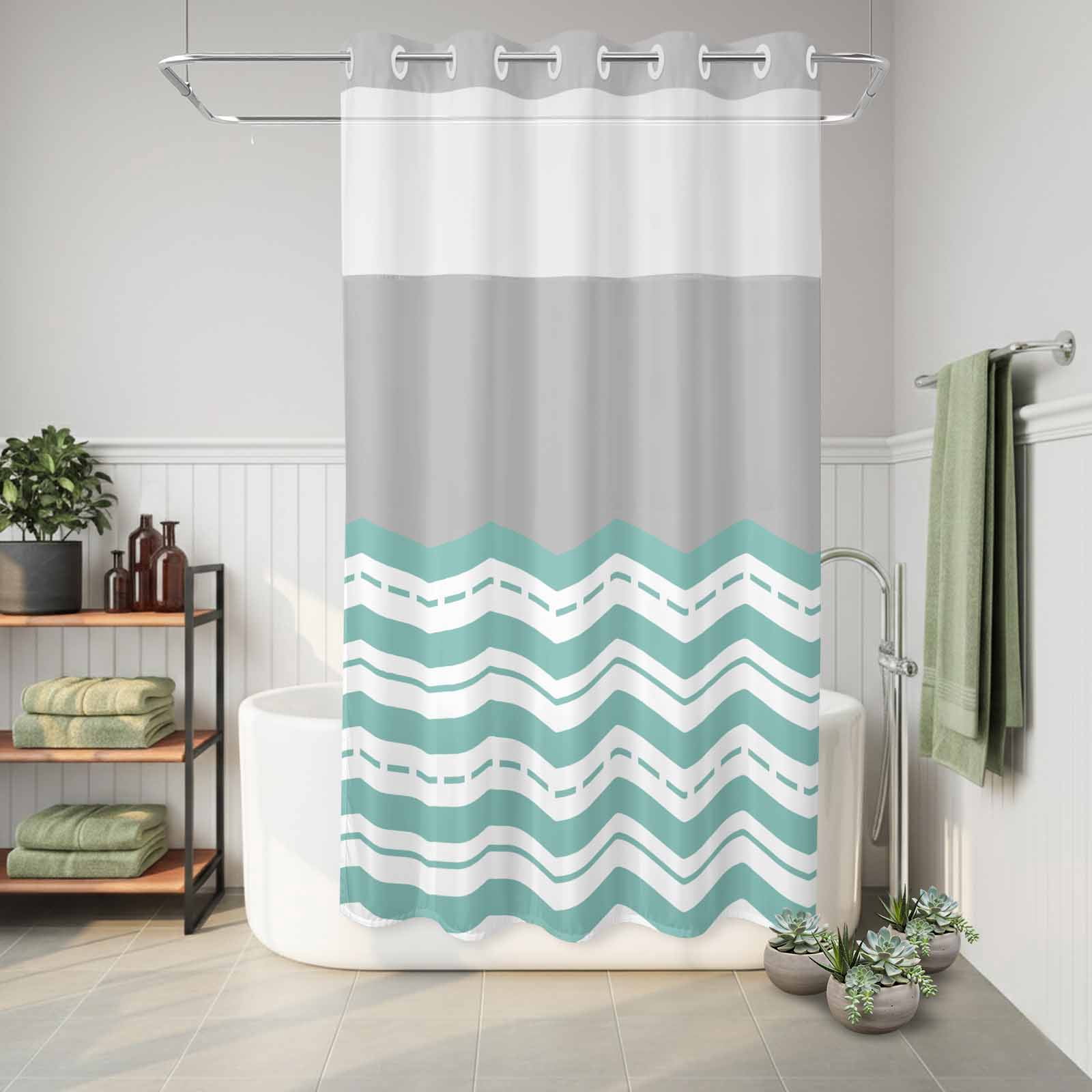 No Hook Shower Curtain Grey Turquoise Waves Shower Curtain for Bathroom Chevron Stripe Bath Curtains Waterproof Fabric with See Through Top Window for Spa Hotel 36x72 Inch