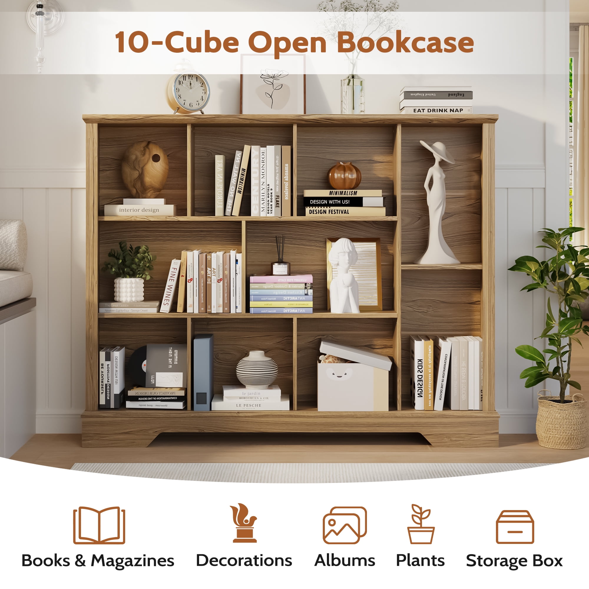 VIVIDWOOD Farmhouse 10-Cube Storage Organizer with Adjustable Shelf – Rustic Brown