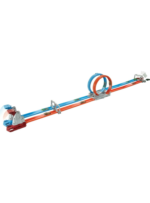 Hot Wheels Double Loop Dash Track Set with 2 Toy Cars in 1:64 Scale, 12-ft Long, Ages 5 and up