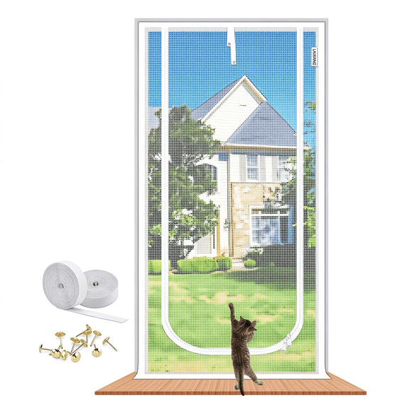 Jenmayt Reinforced Cat Screen Door, 33×80in Heavy Duty Pets Proof Screen Door with Bilateral Zipper, Prevent Dogs Cats Running Out from Home, Bedroom, Living Room, Kitchen Patio Door, White
