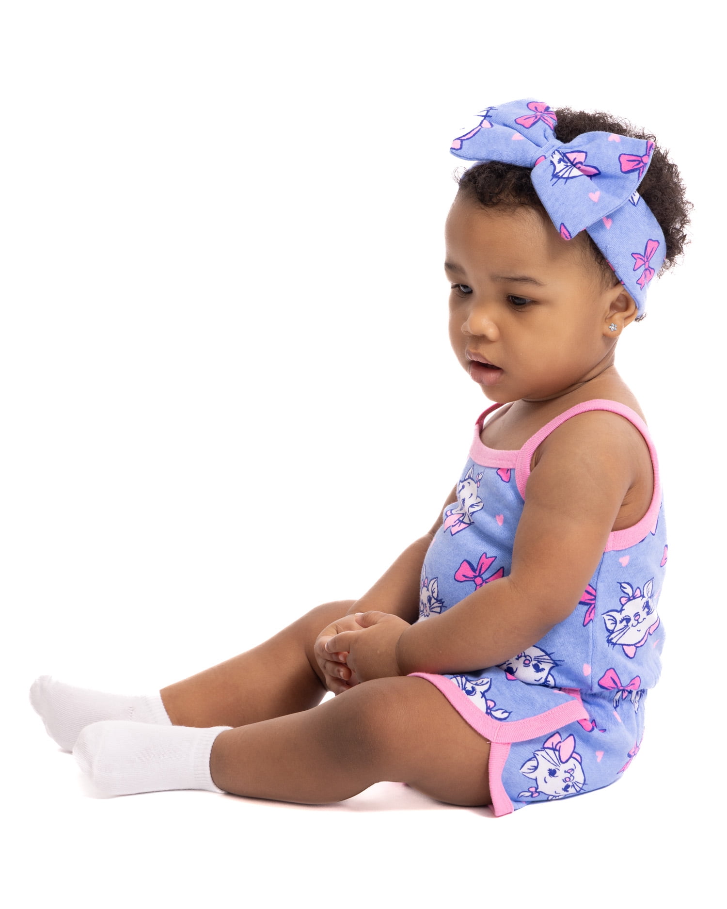 Disney Classics Marie Baby Girls Spaghetti Strap Print Romper with Matching Bow Headband, Sizes 0/3M-24M