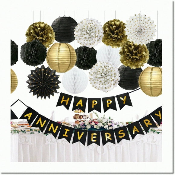 Golden Jubilee Celebration Kit: Happy Anniversary Banner, Tissue Pom Poms, Paper Lanterns, Fans - Perfect for Black & Gold Wedding, Birthday Party Decorations!