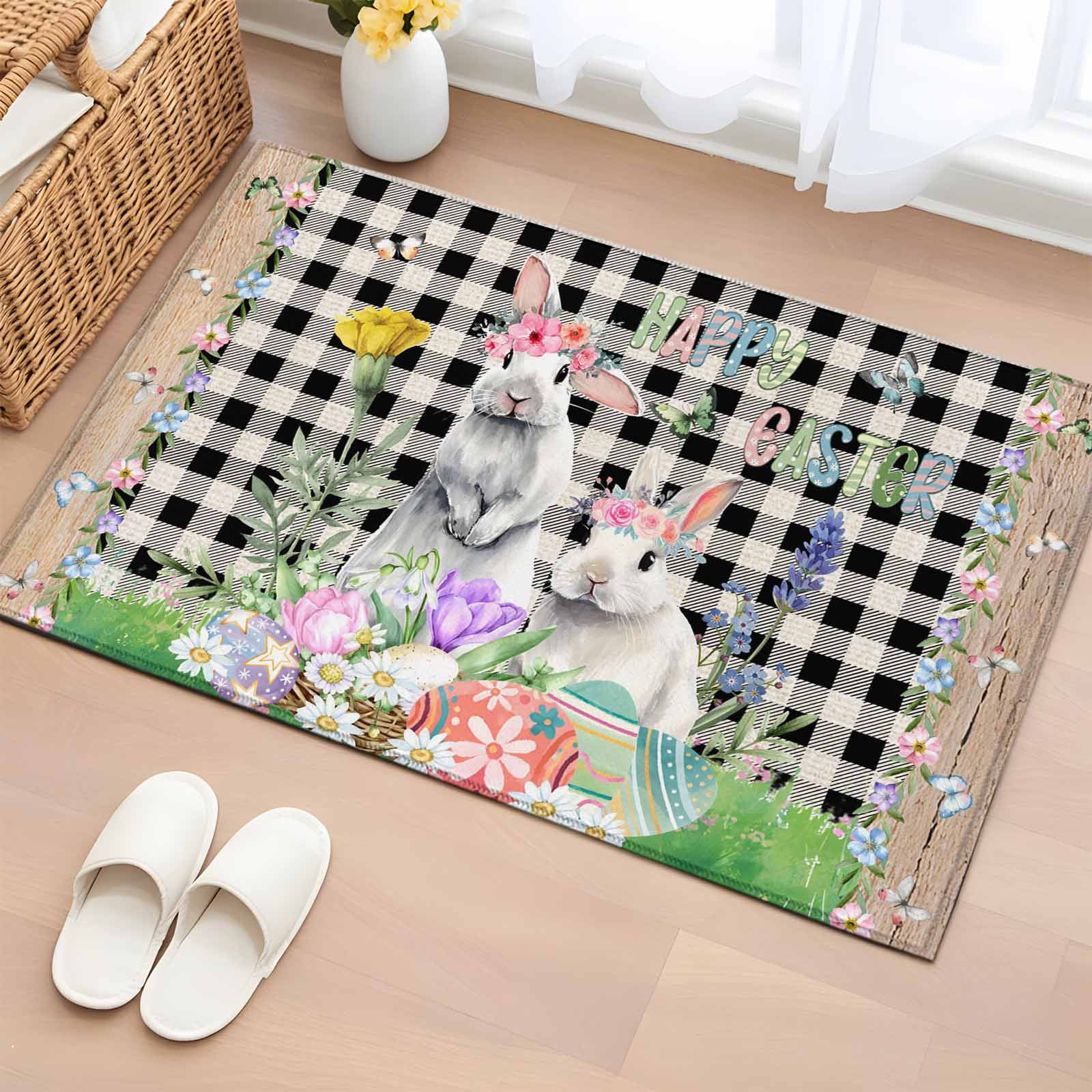 Rectangle Area Rug 2x3ft Farm Easter Blossom Flowers Bunny Non-Shedding Washable Area Rug Black White Buffalo Tartan Non Slip Low-Profile Rugs for Living Room Bedroom Dining Room