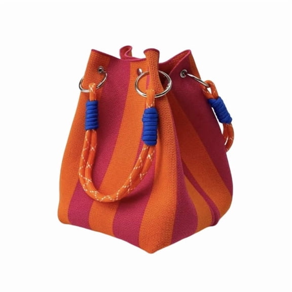 Striped Bucket Knit Tote Bag,Orange Pink Stripe Bucket Bag with Braided Rope Handles for Beach Vacation Daily Use