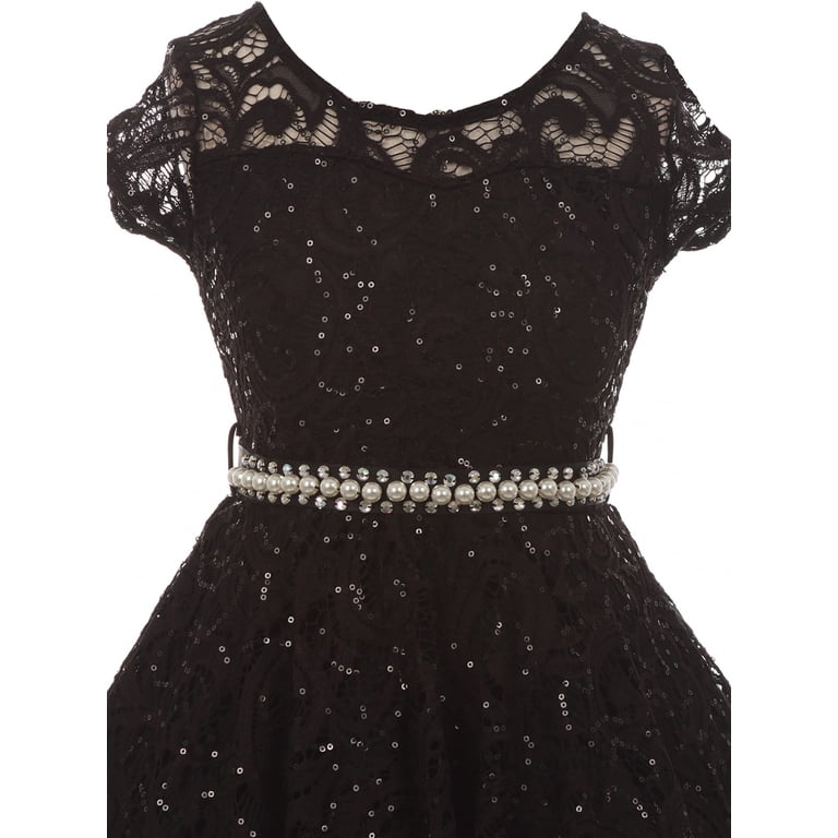 BluNight Collection Pearl Beading Neckline Ruffle Flower Girl Dress - Knee Length, Zipper Back
