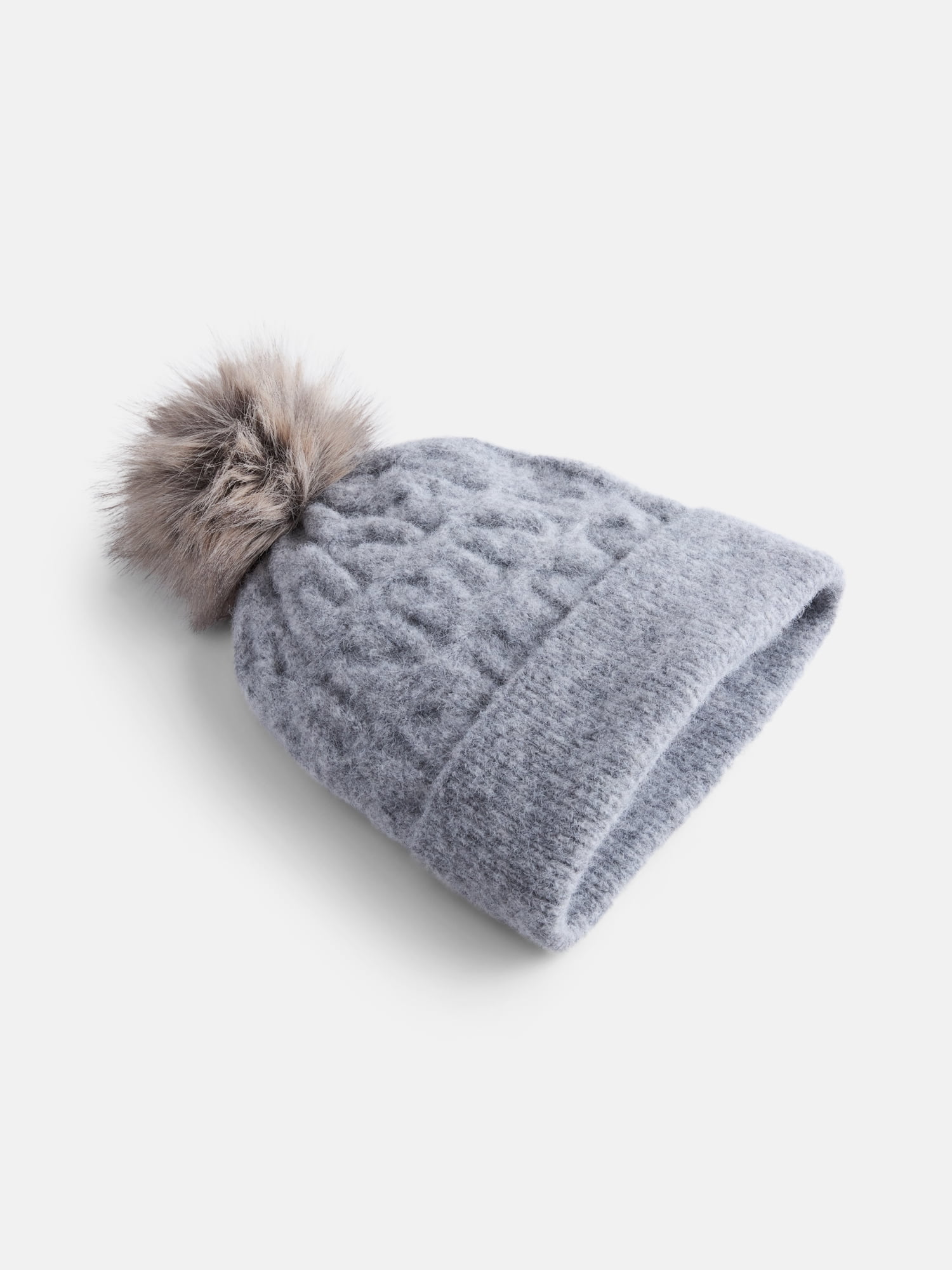 Scenario Women's Cable Knit Pom Beanie, Medium Grey Heather
