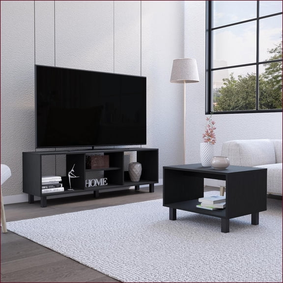 Living Room 2-Piece Set with TV Stand & Coffee Table, Black | TV Size Ranges 50-59 inches