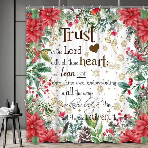 Christmas Floral Bible Verse Shower Curtain, Funny White Snowflake Trust in The Lord Flower Plant Leaves Xmas Bath Curtain, Waterproof Fabric Shower Curtain Set with 12PCS Hook, 72x72IN