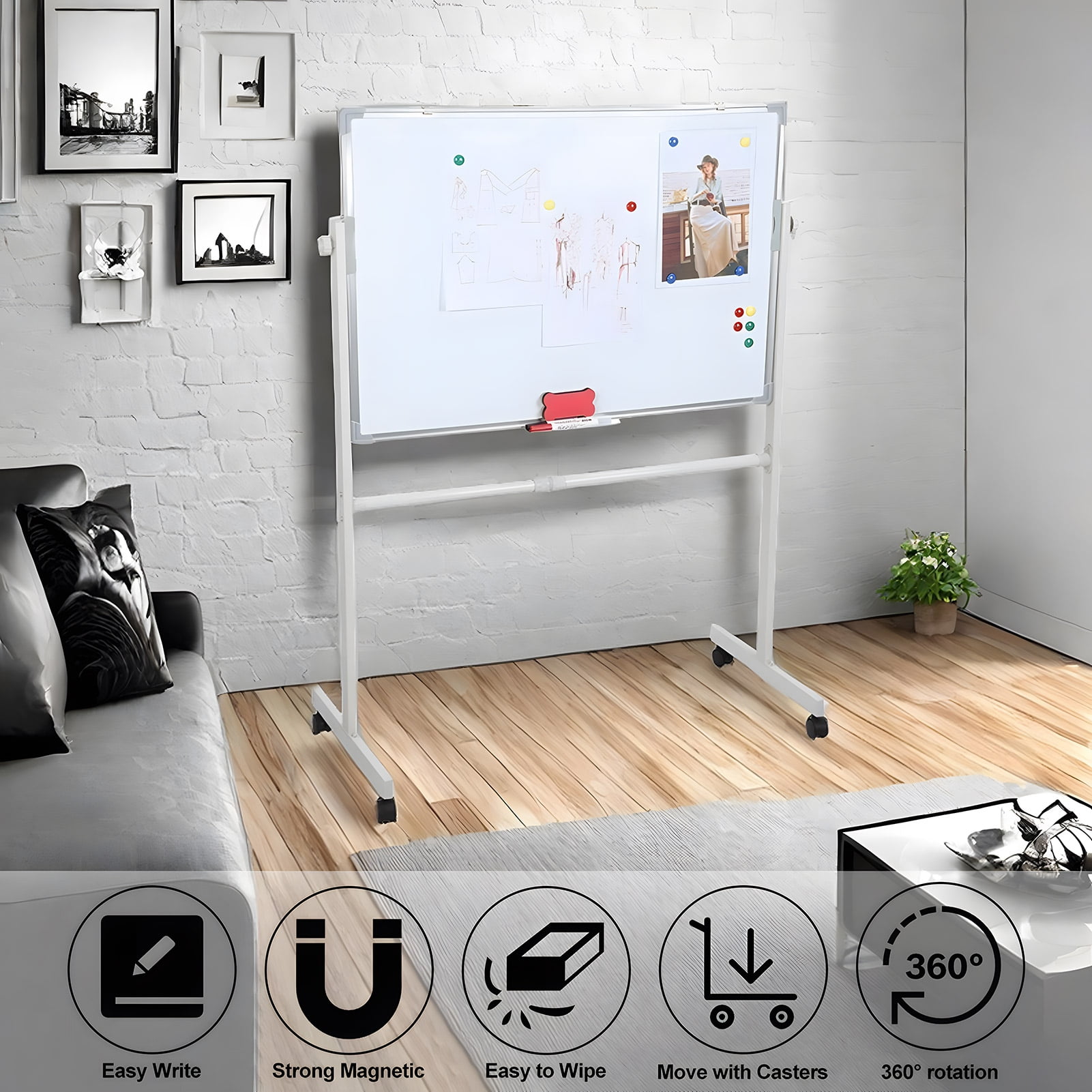 Nuoxin Double-Sided Mobile Whiteboard - 72"x40" Extra Large Height Adjustable Magnetic Dry Erase Board on Wheels, 360° Rolling Office White Board Pizarra