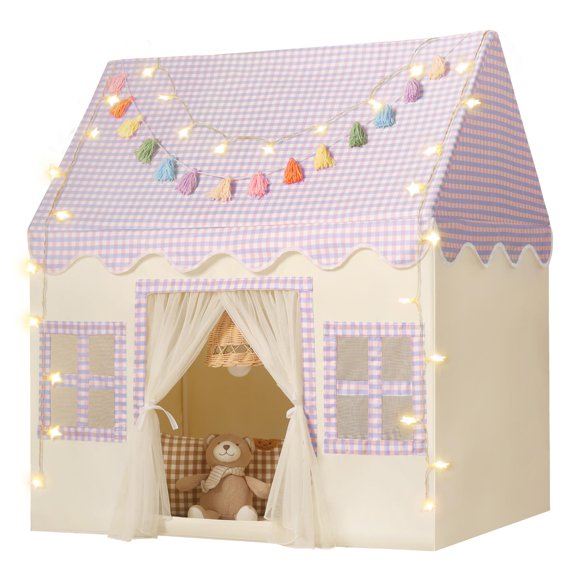 Tienda de campaña para niños Senodeer para interiores, color morado, con tapete, guirnalda y luz