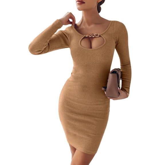 Stichou Womens Long Sleeve Sweater Dress Casual Cut Out Bodycon Mini Winter Dress Trendy Ribbed Ladies Spring Sweater Light Brown M